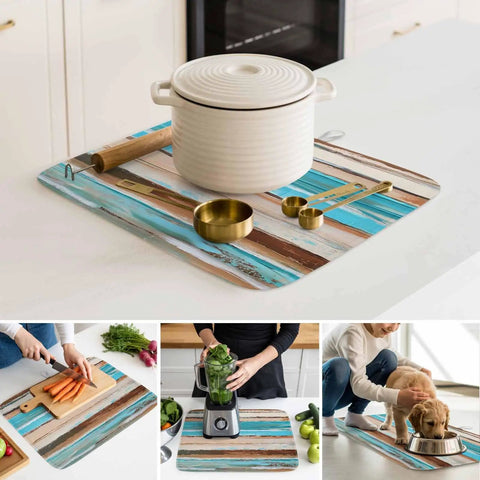 Go To Absorbent Dish Drying Mat 16 By 18 Inches in Vintage Wood Grain with kitchen utensils and pot on countertop