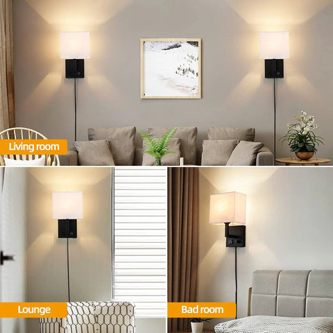 Plug In Wall Sconce With USB Charging Port And Dimmable Switch in living room, lounge, and bedroom settings, black finish