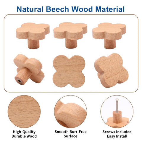 Top Shelf Four Leaf Wooden Drawer Knobs Pack Of Twelve Heavy Duty Natural Beech Wood Cabinet Pulls With Screws showing smooth surfaces.