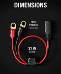 X Connect M10 XL Eyelet Terminal Accessory for Genius Smart Battery Chargers showing dimensions with red wires and black connector