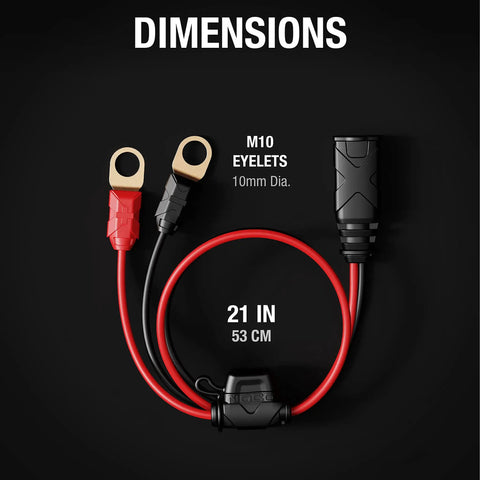 X Connect M10 XL Eyelet Terminal Accessory for Genius Smart Battery Chargers showing dimensions with red wires and black connector