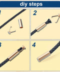 DIY assembly of Gold Alloy Shoelace End Caps Set Of 36 With Screws Cylindrical Aglets for Shoes and Jackets shown in four steps.