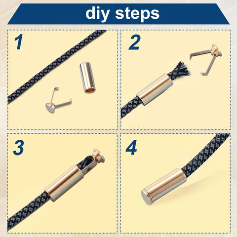 DIY assembly of Gold Alloy Shoelace End Caps Set Of 36 With Screws Cylindrical Aglets for Shoes and Jackets shown in four steps.