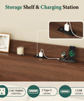 Queen Size Bed Frame With Storage Headboard And Two Drawers Mid Century Modern charging station on wood shelf.
