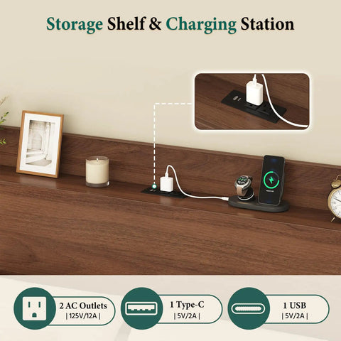 Queen Size Bed Frame With Storage Headboard And Two Drawers Mid Century Modern charging station on wood shelf.