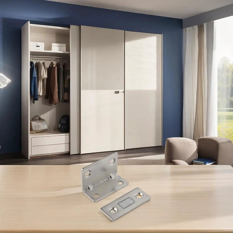 Ultra Slim Stainless Steel Magnetic Door Catch With Ultra Strong Hold For Cabinets Cupboards Drawers Wardrobes And Closets In Kitchen Or Bathroom Minimal Clearance Design And Easy Install displayed on table in front of modern wardrobe.