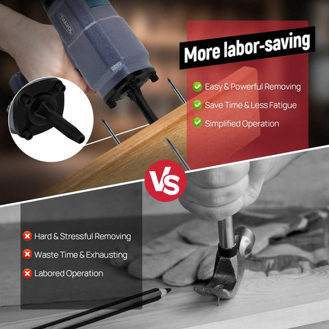 Heavy Duty Pneumatic Nail Puller And Air Punch Nailer Crafted Tough To Yank Out 10 To 20 Gauge Spikes from wood, shows tool in action.