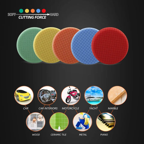 Five Piece Seven Point Five Inch Buffing Polishing Pad Kit For Car Buffer Polisher With color-coded pad options for different surfaces