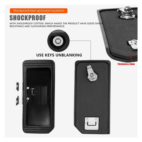 Ride Ready Waterproof Motorcycle Toolbox Left Side Carrying Case With Drop In Storage Pouch Heavy Duty Tool Stash Locker For 1200 And 1250 Models 14 To 23, showing lock mechanism and shockproof design.