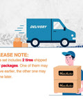Illustration showing delivery truck and a person holding boxes labeled MaxAuto, indicating 2-pack tire shipment in separate packages.