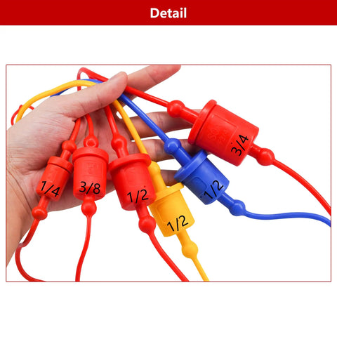 Two Sets Of One Half Inch ISO A Hydraulic Coupler Dust Caps And Female Plug Covers For Contamination Prevention shown in hand, different sizes visible.