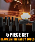 1 Inch Blacksmith Hardy Hole Tools Kit 5 Piece Set For Forge Metalworking And Knife Making on display with hot metal background