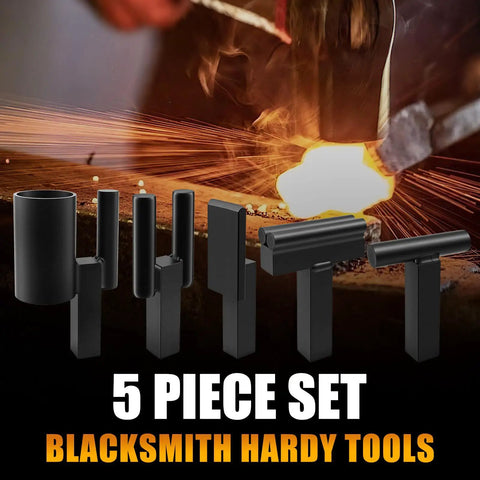 1 Inch Blacksmith Hardy Hole Tools Kit 5 Piece Set For Forge Metalworking And Knife Making on display with hot metal background