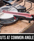 Powerful 15 Amp Sliding Compound Miter Saw With Dual Bevel And LED Shadow Line Delivers 4800 RPM For Fast Clean Crosscuts 2x12 Cutting Capacity Four Positive Stop Angles At 48 Left 45 Left 0 And 45 Right Built For The Jobsite cutting wood at common angles on a workbench
