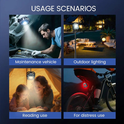 Magnetic Rechargeable Work Light 500 Lumens LED Flood Light used in various scenarios including auto repair and outdoor settings