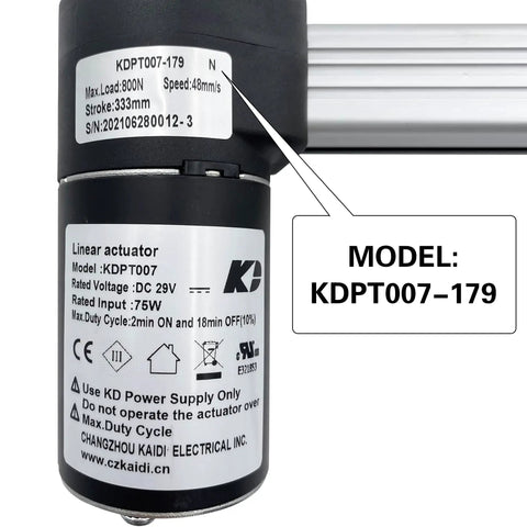 Oem Style Linear Actuator Replacement For Power Recliner Lift Chair Motor KDPT007 179 showing specifications on the label.