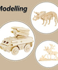 Basswood sheets set, natural wood, 12x12 in, 1/8 in thick; three wooden models: vehicle, dinosaur skeleton, and deer