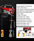 Heavy Duty 480W Mini Electric Hoist With Emergency Stop Button For Garage And Warehouse Use Portable 110V Winch Lifter showing specifications and design details.