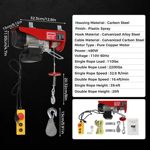 Heavy Duty 480W Mini Electric Hoist With Emergency Stop Button For Garage And Warehouse Use Portable 110V Winch Lifter showing specifications and design details.