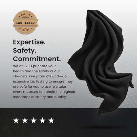 EVEO glasses cleaning cloth, black microfiber, shown as a soft fabric swirl.
