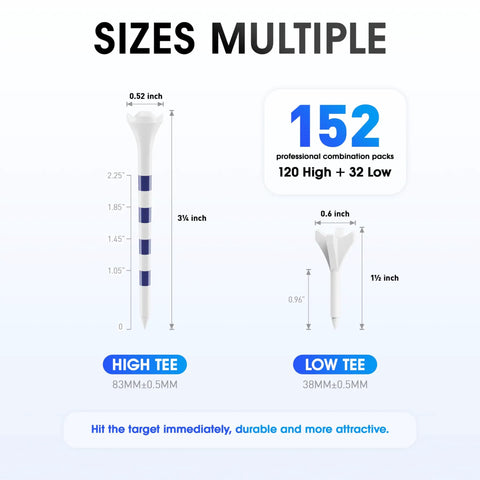 Size comparison chart of Pro Grade Plastic Golf Tees 152 Pack Set With 120 Tees At 3.25 Inches And 32 Tees At 1.5 Inches.