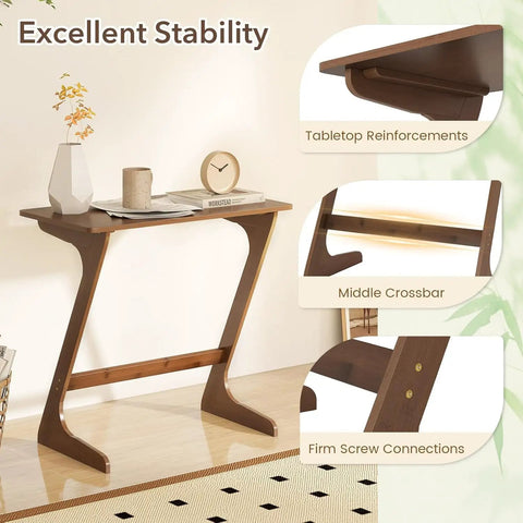 Bamboo TV Tray And Sofa Side Table With Z Shaped Design 30 By 16 Inch Tabletop Space Saving Snack And Laptop Desk Easy Assembly End Table For Living Room Home Office Library Brown showcasing reinforcements and stability features.