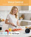 Woman using voice control to operate Hella Easy Keyless Entry Setup Featuring Video Doorbell Camera Smart Deadbolt while cooking.