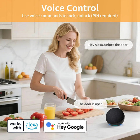 Woman using voice control to operate Hella Easy Keyless Entry Setup Featuring Video Doorbell Camera Smart Deadbolt while cooking.