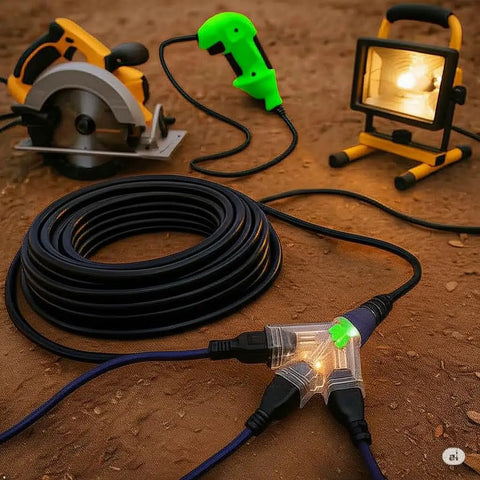 Heavy Duty 200 Ft Outdoor Extension Cord With 14 Gauge 3-Conductor SJTW, Lighted End And Triple Outlet, coiled on ground