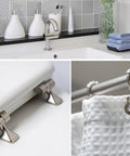 Elongated White Toilet Seat With Brushed Nickel Hinges That Never Loosens Stays Put And Secure Easy Install Durable Comfort Upgrade For Your Bath Fits Most Standard Toilets, shown in bathroom setting with brushed nickel hinges detail.