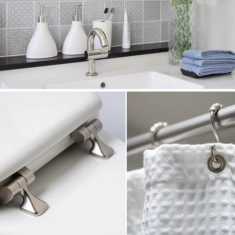 Elongated White Toilet Seat With Brushed Nickel Hinges That Never Loosens Stays Put And Secure Easy Install Durable Comfort Upgrade For Your Bath Fits Most Standard Toilets, shown in bathroom setting with brushed nickel hinges detail.