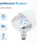 12-Pack BR30 LED Recessed Light Bulbs Dimmable 3000K Warm White, UL Certified, bulb detail and certification icons