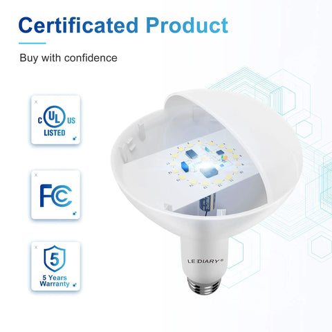 12-Pack BR30 LED Recessed Light Bulbs Dimmable 3000K Warm White, UL Certified, bulb detail and certification icons