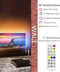 TV with Vivid RGB IC LED Strip Lights With App And Remote Control USB Powered showing colorful backlight and remote features.