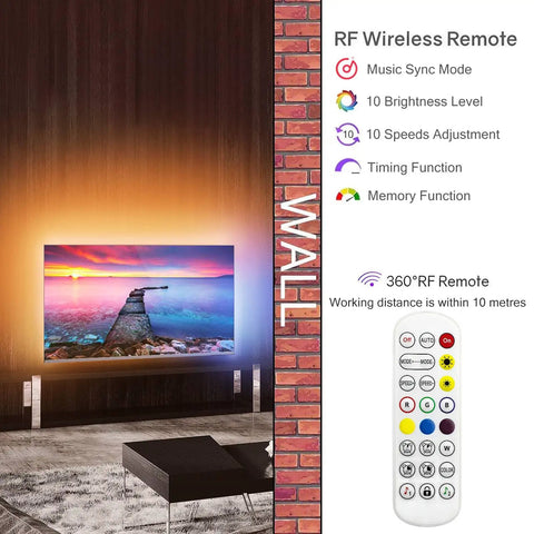 TV with Vivid RGB IC LED Strip Lights With App And Remote Control USB Powered showing colorful backlight and remote features.
