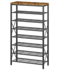 Heavy Duty 8 Tier Metal Shoe Rack Organizer That Holds 32 Pairs With Adjustable Shelves And Rustic Wood Top Space Saving Entryway Closet Garage Hallway Or Bedroom Storage In Black And Rustic Brown, front view