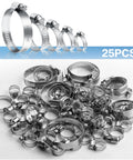 Adjustable Stainless Steel Hose Clamps Kit, 25 Pieces, Range 1/4 to 2 Inches, 6-51mm, displayed in various sizes