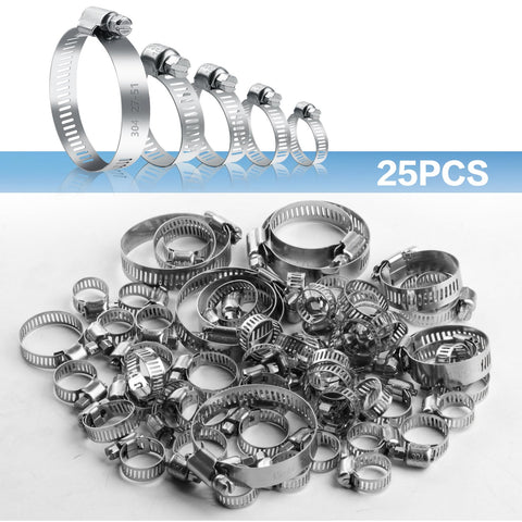 Adjustable Stainless Steel Hose Clamps Kit, 25 Pieces, Range 1/4 to 2 Inches, 6-51mm, displayed in various sizes
