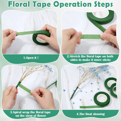 Steps for using floral tape in Must Have Floral Arrangement Tool Kit With Green Floral Tape And Wire, Corsage Pins, Satin Ribbon
