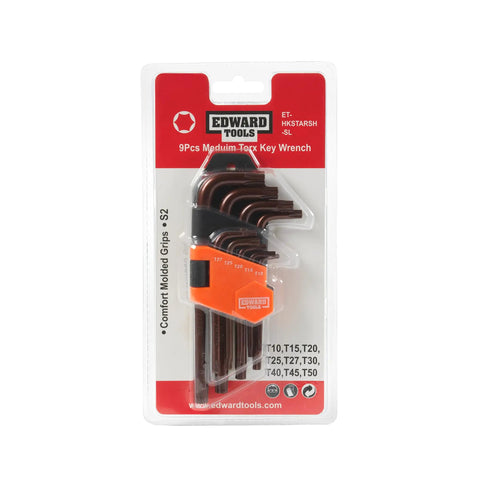 Star Key Wrench Set In Hardened Chrome Vanadium Steel With Organizer Clip For Quick Access Includes Straight Or L Arms And T10 Through T50 Sizes Pro Grade Heavy Duty Screwdriver Kit For Home And Shop in packaging.