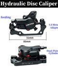 Front and side views of AZURTEK hydraulic disc brake caliper set with IS mount adapter and dual-piston design.
