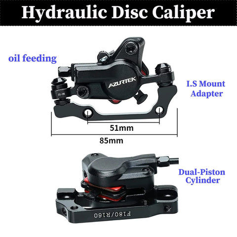 Front and side views of AZURTEK hydraulic disc brake caliper set with IS mount adapter and dual-piston design.