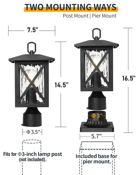 Seventeen Inch High Outdoor Post Light Set With Pier Mount Base Matte Black Lantern Featuring Clear Water Glass Classic Post