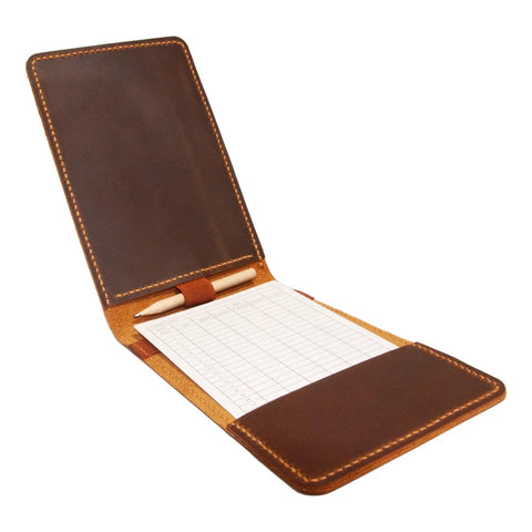 Open Personalized Leather Golf Yardage Book Holder and Scorecard Cover for Golfers, showing pencil and scorecard inside.