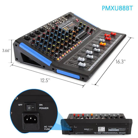 8 Channel Console Style DJ Mixer With Bluetooth For Home Studio And Live Sets Pro DJ Sound Controller dimensions and power input