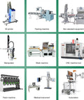 Grid of various industrial machines including a 3D printer, CNC machine tool, and packing machine
