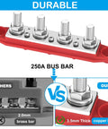 Road Ready Power Distribution Bus Bar With Four M8 Terminal Studs Handles 250 Amps On 12V Systems showing red base and tinned copper conductors.