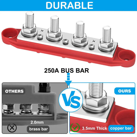Road Ready Power Distribution Bus Bar With Four M8 Terminal Studs Handles 250 Amps On 12V Systems showing red base and tinned copper conductors.