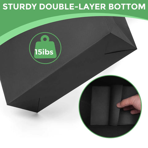 Close-up of Extra Large Black Gift Bags with reinforced double-layer bottom holding 15lbs, showcasing strength and construction.