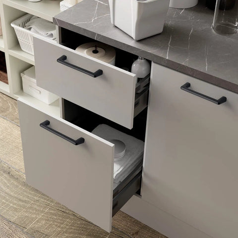 Open drawers featuring Twenty Five Pack Five Inch Dope Matte Black Cabinet Pulls for Bedroom and Bathroom Cabinet Doors and Dressers Zinc Alloy Hardware for Drawers with Durable Corrosion Resistant Finish
